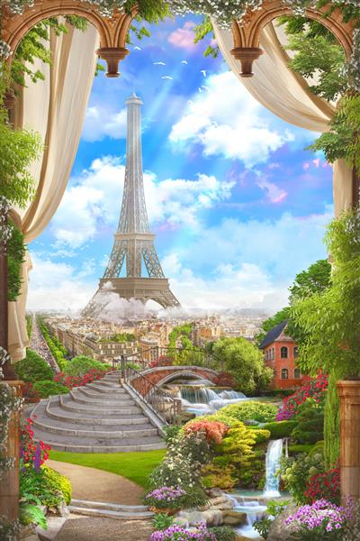نمای زیبای پاریس و برج ایفل از طاق گل با آبشار کلاژ دیجیتال نقاشی دیواری و نقاشی دیواری کاغذ دیواری طراحی پوستر پاننو مدولار