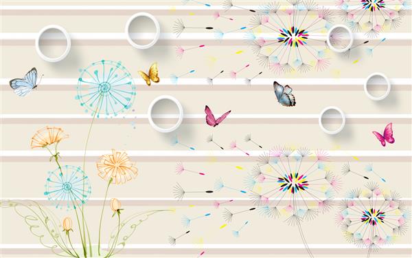 تصویر سه بعدی پس زمینه راه راه بژ حلقه های سفید پروانه های چند رنگ قاصدک های رنگی با دانه های در حال پرواز