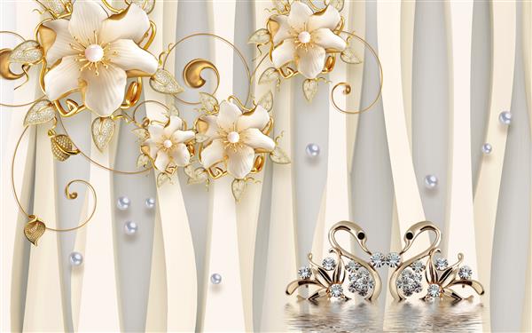 تصویر سه بعدی پس زمینه بژ گل های تزیینی بزرگ مروارید یک جفت جواهرات طلا به شکل قو
