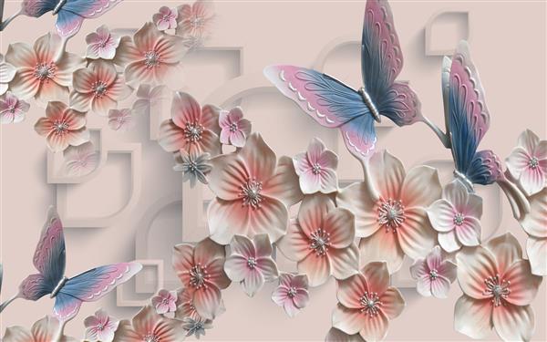 تصویر سه بعدی پس‌زمینه پاستلی صورتی قاب‌های قطره‌ای گل‌های سرامیکی انتزاعی بزرگ و پروانه‌ها