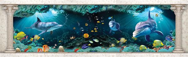 کاغذ دیواری اتاق نشیمن ماهی های زیر آب سه بعدی تصویر سه بعدی برای دکوراسیون دیوار هنر دیواری با کیفیت بالا