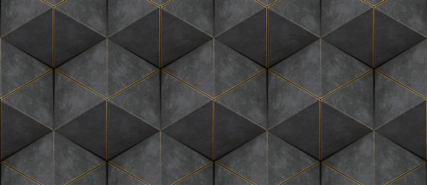 دیوار سه بعدی از مثلث های خاکستری با لبه های طلایی در سبک شیروانی مونتاژ شده در شش ضلعی و تزئینات بدون درز بافت واقعی بدون درز با کیفیت بالا