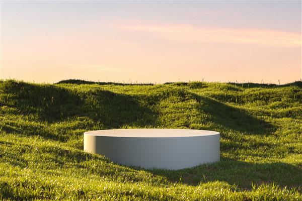 ویترین سفید گرد خالی روی چمن سبز در Heaven Meadow فضای کپی فضای خالی رندر سه بعدی