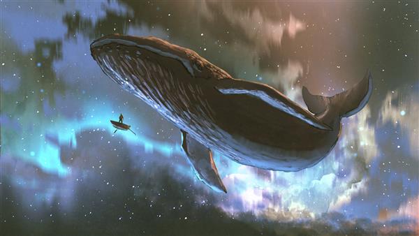 مفهوم سفر فضایی بیرونی که مردی را نشان می دهد که به نهنگ غول پیکر در حال پرواز در آسمان زیبا سبک هنر دیجیتال نقاشی مصور نگاه می کند
