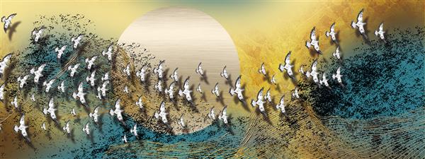 تصویر سه بعدی از گله سفید پرندگان در حال پرواز بر فراز ماه نقاشی دیجیتال مجلل هنر انتزاعی برای کاغذ دیواری