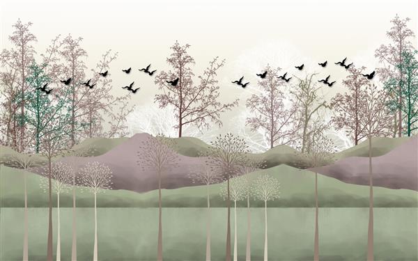 تصویر چشم انداز انتزاعی خطوط درختان و گله سیاه پرندگان