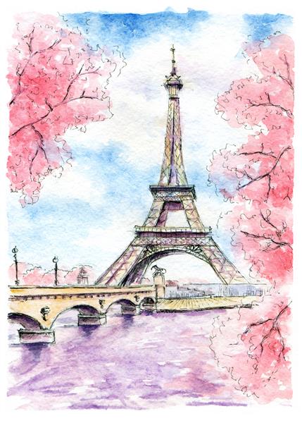 برج ایفل پاریس شکوفه بهاری تصویر آبرنگ نقاشی شده با دست