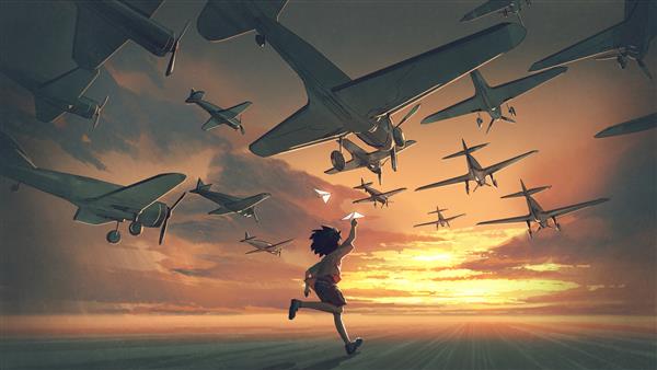 پسر با هواپیماهای کاغذی بازی می کند و به هواپیماهایی که در آسمان غروب پرواز می کنند نگاه می کند سبک هنر دیجیتال نقاشی مصور