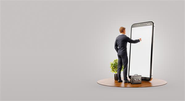تاجری که در مقابل گوشی هوشمند با نمودار بورس ایستاده است مفاهیم مالی و سرمایه گذاری برنامه های گوشی های هوشمند تصویر سه بعدی غیرمعمول
