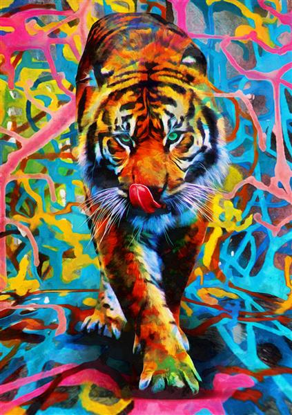 نقاشی رنگ روغن مدرن ببر مجموعه هنرمند از نقاشی حیوانات برای دکوراسیون و داخلی هنر بوم انتزاعی