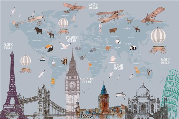 نقشه جهان حیوانات و نقاط دیدنی معروف جهان برای طراحی کاغذ دیواری کودکان