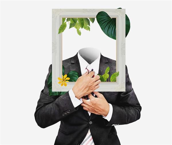 تاجر در کت و شلوار سیاه با قاب عکس و گل با برگ هنر مدرن کولاژ دیجیتال