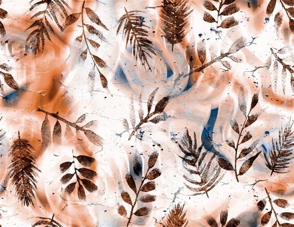 نقاشی انتزاعی با آبرنگ برگ های استوایی بدون درز با پس زمینه باتیک سنگ مرمر رنگ کراوات