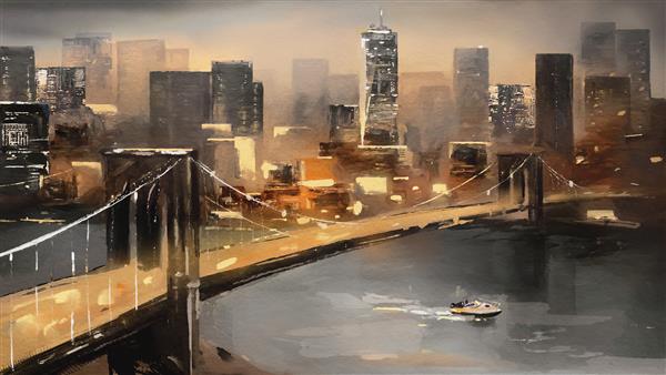 نقاشی رنگ روغن روی بوم نمای نیویورک رودخانه و پل آثار هنری مدرن شهر آمریکایی تصویر شهری