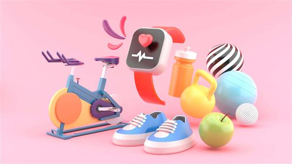 ساعت هوشمند با دوچرخه های تناسب اندام کفش دمبل سیب بطری آب ورزش و توپ در پس زمینه صورتی احاطه شده است رندر سه بعدی