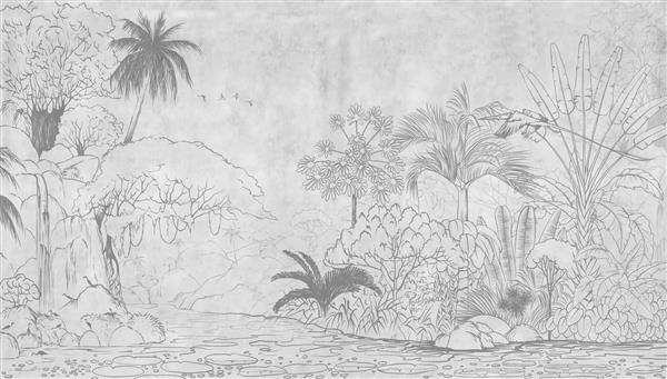 منظره طبیعت گرمسیری جنگل با گیاهان استوایی عجیب گل و برگ تصویر ترسیم شده جنگل طراحی برای کارت کارت پستال کاغذ دیواری کاغذ دیواری عکس نقاشی دیواری