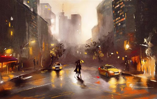 نقاشی رنگ روغن روی بوم نمای خیابان نیویورک زن و مرد تاکسی زرد آثار هنری مدرن شهر آمریکایی تصویر آبرنگ
