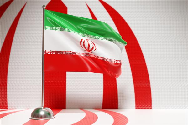 تصویر سه بعدی پرچم ملی ایران بر روی میله پرچم فلزی در حال اهتزاز نماد کشور