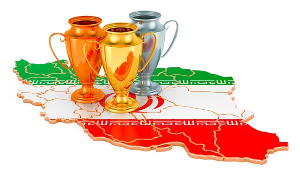 جام های جام بر روی نقشه ایران مسابقات ورزشی در ایران مفهومی رندر سه بعدی جدا شده در پس زمینه سفید