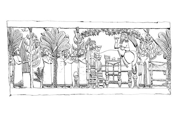 طرحی از نقش برجسته های کاخ شاه آشوربانیپال پادشاه در حال استراحت در باغ و دیدار با بازدیدکنندگان