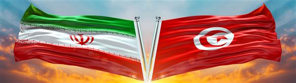 پرچم ایران و پرچم تونس در اهتزاز با بافت ابرهای آسمان و غروب آفتاب پرچم دوگانه تصویر سه بعدی رندر سه بعدی