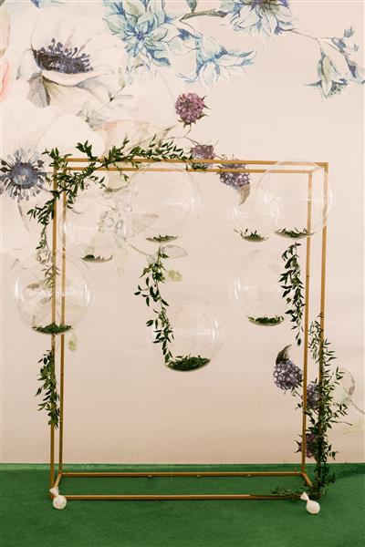 منطقه عکس جشن با بادکنک‌های حباب‌دار شفاف و شاخه‌های روسکو برای مراسم یا تولد و بوفه در چادر