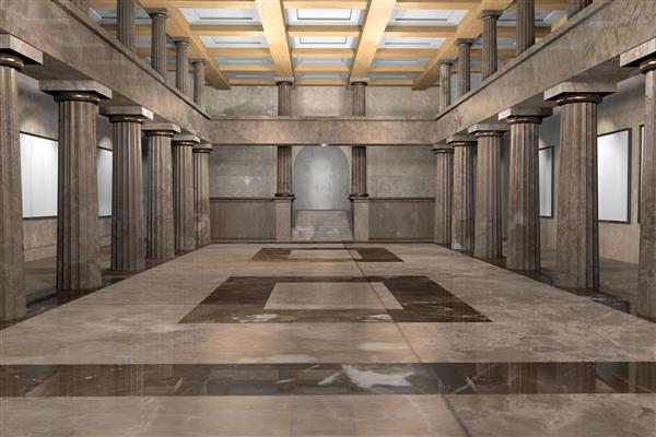 تصویر سه بعدی از فضای داخلی موزه کلاسیک خالی