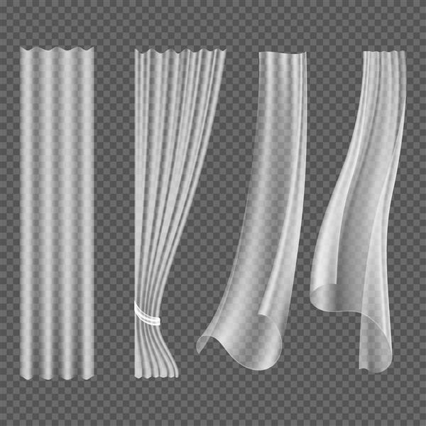 پرده های بالدار سفید شفاف ست دکوراسیون پنجره آویزان پرده نساجی و پارچه منحنی موج تصویر جدا شده پرده
