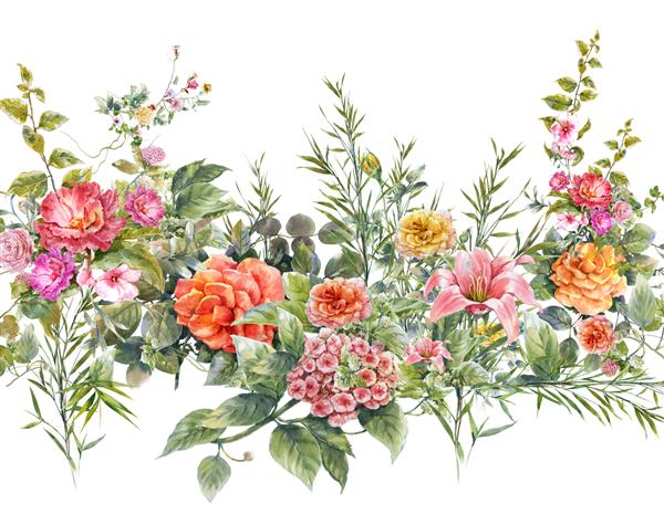 نقاشی آبرنگ از برگ و گل الگوی بدون درز در زمینه سفید