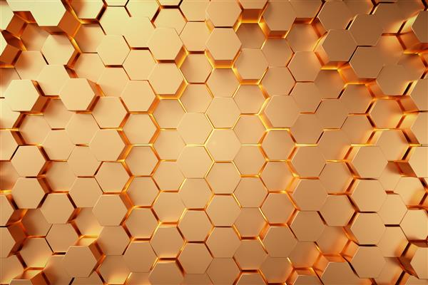 پس زمینه لانه زنبوری شش ضلعی طلایی پس زمینه سه بعدی رندر انتزاعی سه بعدی از سطح طلا