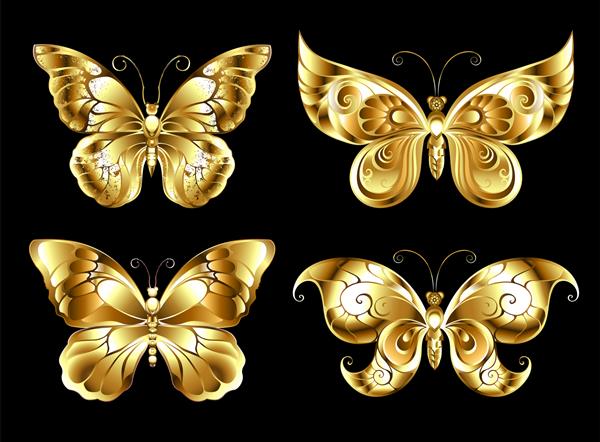 مجموعه ای از پروانه های هنری جواهرات طلا در زمینه مشکی