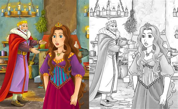 صحنه کارتونی با پادشاه شاد در حال صحبت با خانم جوان زیبا با صفحه رنگ آمیزی تصویرسازی برای کودکان