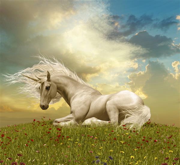 تصویر سه بعدی یک اسب شاخدار سفید مسحور کننده که در هنگام غروب خورشید بر روی تپه استراحت می کند