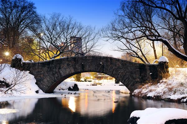 پارک مرکزی شهر نیویورک منهتن در زمستان با پلی روی دریاچه با برف اردک و نور در هنگام غروب