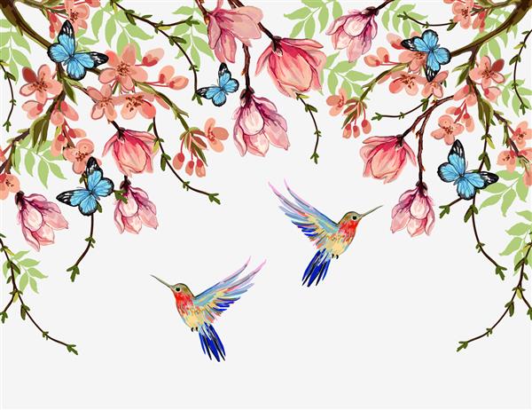 وکتور زیبا پس زمینه الگوی تابستانی گل با گل های استوایی ژاپنی ویستریا مگنولیا پروانه ها مگنولیا ایده آل برای کاغذ دیواری پس زمینه صفحه وب بافت سطح پارچه