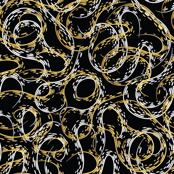 الگوی هندسی بدون درز انتزاعی امواج راه راه های پرپیچ و خم لکه های رنگ طلا در زمینه مشکی وکتور