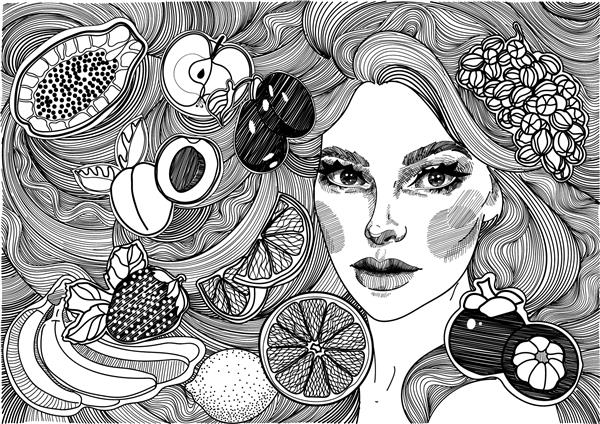 وکتور زیور آلات سیاه و سفید نقاشی دختر زیبا با موهای مخملی و میوه ها فرهای بافته سالم در هم تنیده