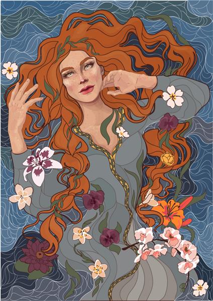 وکتور دختر زیبای مو قرمز با لباس قدیمی امواج رودخانه آب و گل