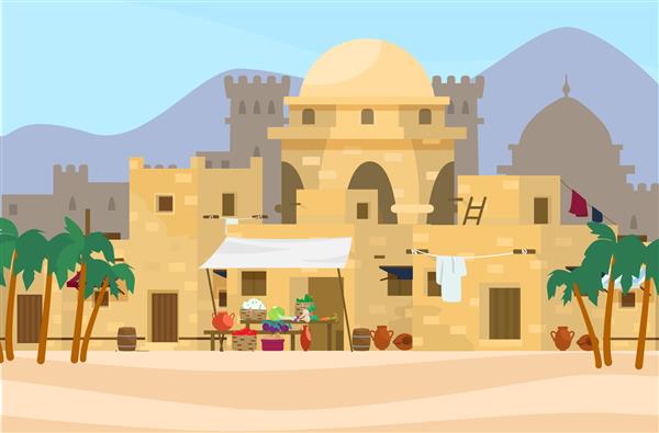 وکتور از منظر شهری خاورمیانه با خانه های سنتی بازار و قلعه در پس زمینه روستای باستانی عربی سبک تخت