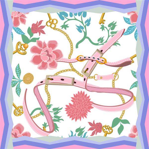 روسری ابریشمی زیبا با نقوش وینتیج با زنجیر کمربند چرمی برگ خرما و گل های شکوفه چاپ کنید مجموعه طراحی پارچه تابستانی در زمینه سفید