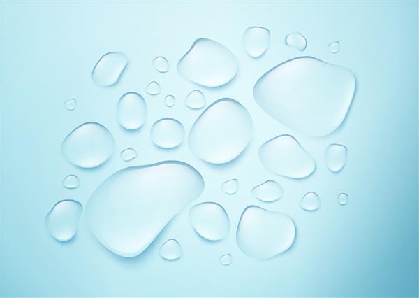 قطرات واقعی آب خالص در پس زمینه آبی تاثیر واقعی شفافیت وکتور EPS10