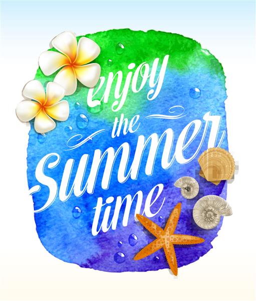 تبریک تابستانی با گل های استوایی و موجودات دریایی در برابر بنر پس زمینه آبرنگ وکتور