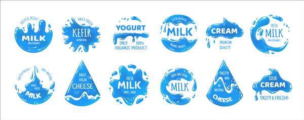 لوگوی محصولات شیر برچسب های بسته بندی پنیر خامه و ماست مجموعه برچسب های آبی ایزوله برای مارک ظروف غذا نمادها با پاشیدن و چکه کردن وکتور نوشیدنی های ارگانیک طبیعی