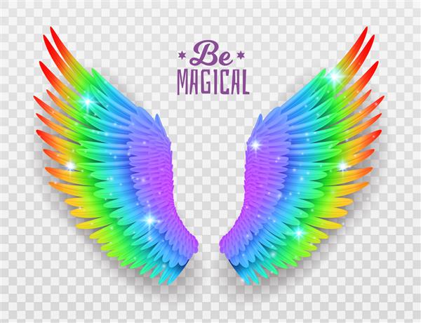 بال های رنگین کمان نماد آزادی روشن واقعی اشکال متقارن پرهای رنگی غرور عناصر پرنده چند رنگ جادویی زیبا کارت یا پوستر وکتور مفهوم جدا شده سه بعدی