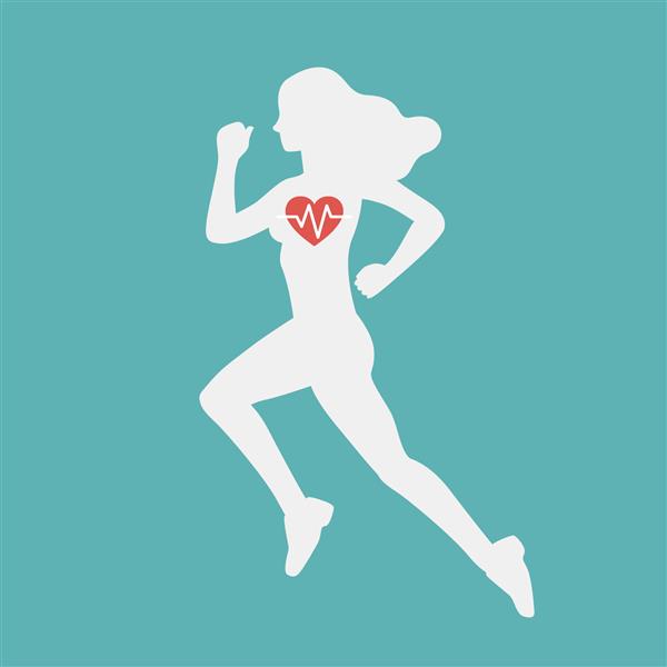 زن جوان ورزشکار با دویدن ماراتن تمرینات قلبی را انجام می دهد تمرین هوازی بانوان بدن سالم با ضربان قلب وکتور به سبک کارتونی تخت