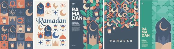 رمضان کریم قالب کارت پستال اسلامی با ماه مبارک رمضان برای طراحی کاغذ دیواری پوستر بنر رسانه ای مجموعه ای از تصاویر برداری