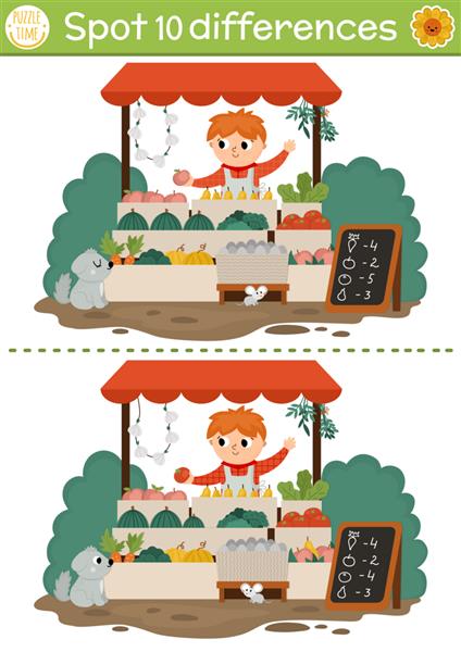 بازی تفاوت‌ها را برای کودکان با پسری که میوه و سبزیجات می‌فروشد در غرفه بازار است فعالیت آموزشی در مزرعه با فروشنده ناز پازل مزرعه برای بچه ها کاربرگ یا صفحه قابل چاپ