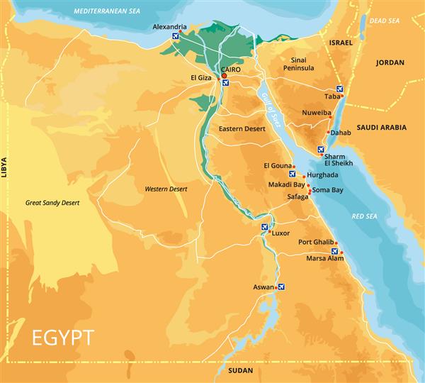 نقشه رنگی وکتور مصر با پایتخت قاهره شهرها و جزایر مهم همه اشیا در لایه های جداگانه قرار دارند عناصر این تصویر توسط ناسا مبله شده اند