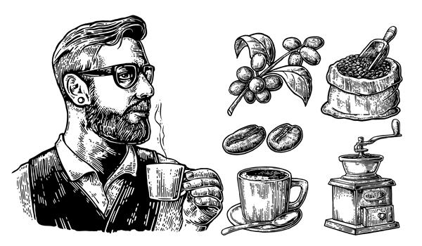 هیپستر که یک فنجان قهوه داغ در دست دارد گونی با لوبیا با قاشق چوبی شاخه با برگ و توت تصویر حکاکی وکتور قدیمی جدا شده در زمینه سفید