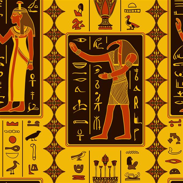الگوی بدون درز با خدایان مصری و هیروگلیف مصر باستان وکتور با دست کشیده شده مد قدیمی